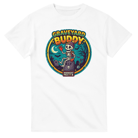 Lekfull halloween t-shirt med färgglatt skelettmotiv i klassisk serietidningsstil