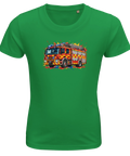 Grön barn-t-shirt med en brandbil och färgstänk