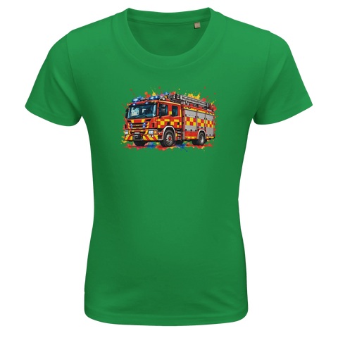 Grön barn-t-shirt med en brandbil och färgstänk