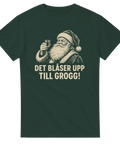 Vintage illustration av tomte med grogglas på mörkgrön t-shirt