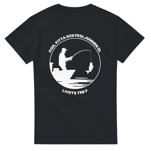 Vit silhuett av fiskare i båt med text på svart t-shirt.