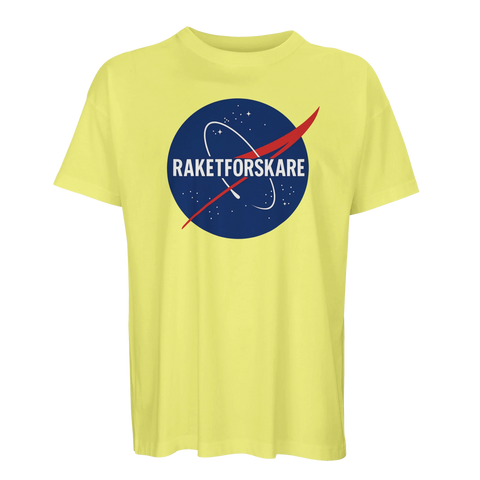 Gul t-shirt med parodiskt statement-tryck och avslappnad siluett