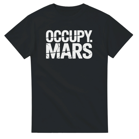 Grafiskt Occupy Mars tryck med sprucken text på svart t-shirt