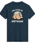 Satirisk illustration av domarperuk på en bakdel tryckt på marinblå t-shirt
