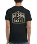 Vikingainspirerat ryggtryck med texten Balders Balle och dryckeshorn på svart t-shirt