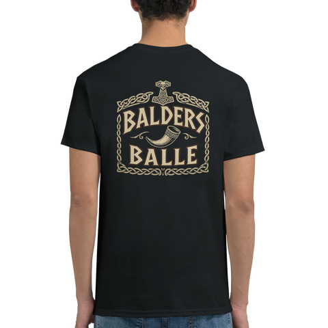 Vikingainspirerat ryggtryck med texten Balders Balle och dryckeshorn på svart t-shirt