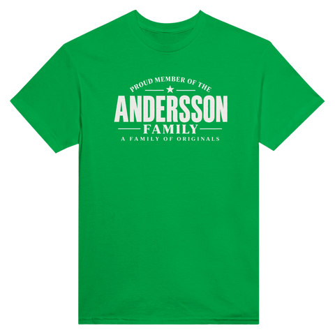 Grön t-shirt med texten Andersson – A Family of Originals