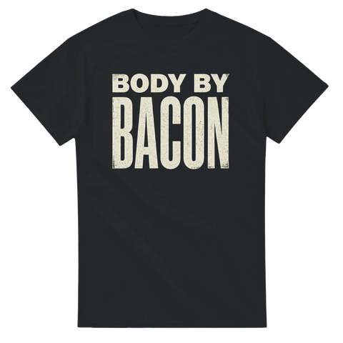 Slitstark t-shirt med humoristiskt Body by Bacon citat i vitt