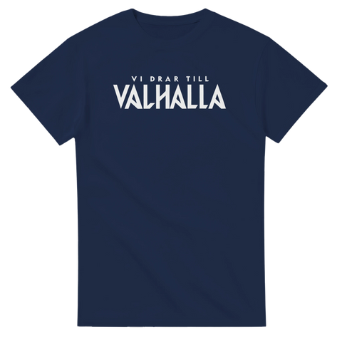 Grafiskt texttryck med krigarattityd på marinblå t-shirt för vikingar