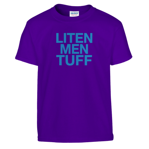 Lila t-shirt för barn med blått textmotiv Liten men tuff