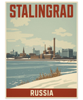 Vintage travel poster för Stalingrad med röd text, industriell stadssiluett vid en flod och snötäckt mark i förgrunden.