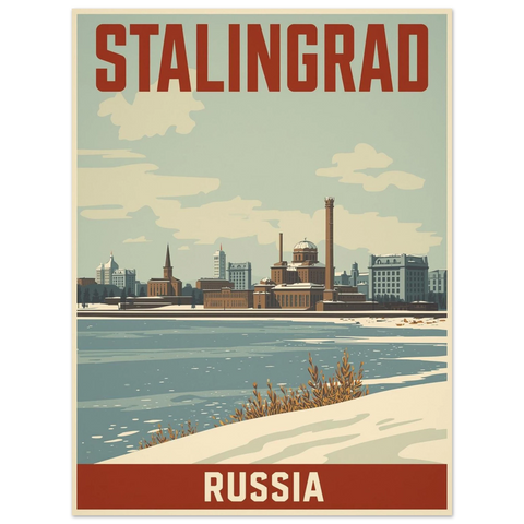 Vintage travel poster för Stalingrad med röd text, industriell stadssiluett vid en flod och snötäckt mark i förgrunden.