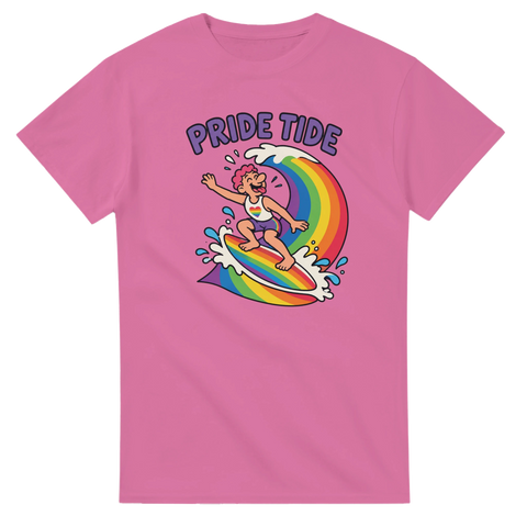 Lekfullt grafiskt tryck med regnbågssurfare för HBTQ – rosa t-shirt