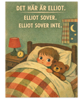 Närbild på en vintageposter föreställande ett barn i sängen med rutigt täcke och en nalle under stjärnklar natt.