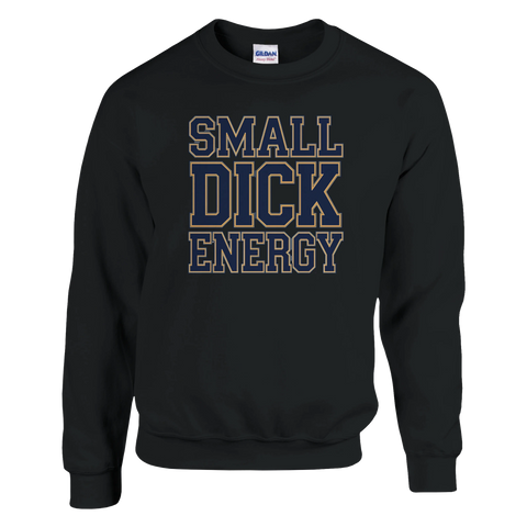 SMALL DICK ENERGY" tryck i college-stil på svart sweatshirt.