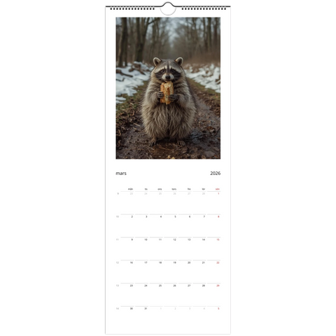 Tvättbjörn med bröd i skog på Väggkalender 2026, mars.