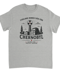 Vintage reseaffisch-motiv med ironisk text på gråmelerad t-shirt