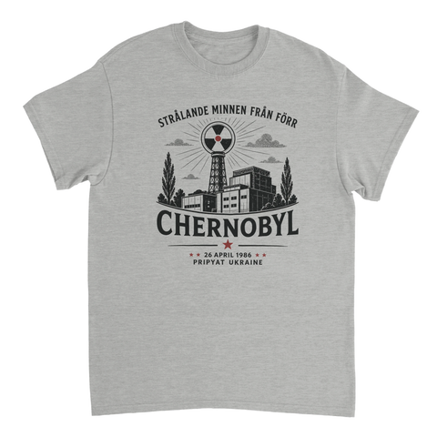 Vintage reseaffisch-motiv med ironisk text på gråmelerad t-shirt
