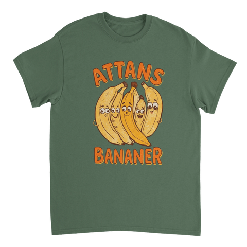 Grafiskt bananmotiv med lekfulla ansikten och svenskt citat på grön t-shirt