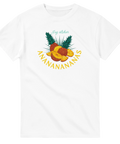Tecknade ananaser och skivor med texten "Jag älskar ANANANANANAS" på vit t-shirt.