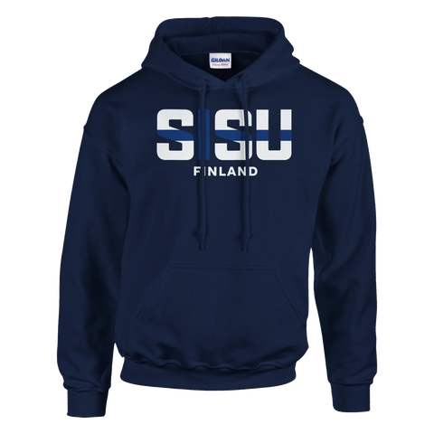 Sisu Finland-tryck med vit text och blåa ränder på marinblå hoodie.