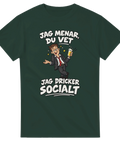 Grafiskt motiv med öl och humoristisk text på mörkgrön t-shirt