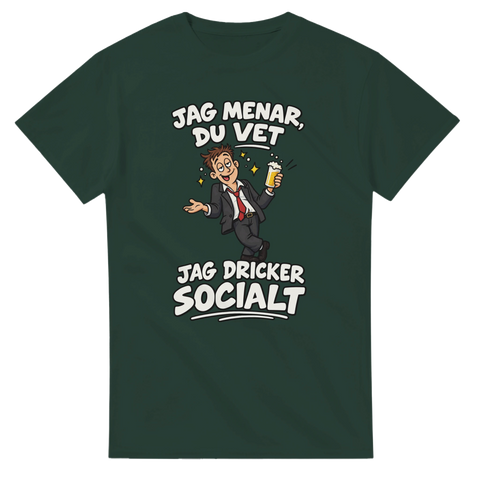 Grafiskt motiv med öl och humoristisk text på mörkgrön t-shirt