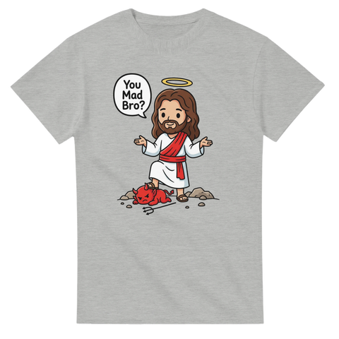 Humoristiskt Jesus-motiv med texten You Mad Bro – grafisk t-shirt