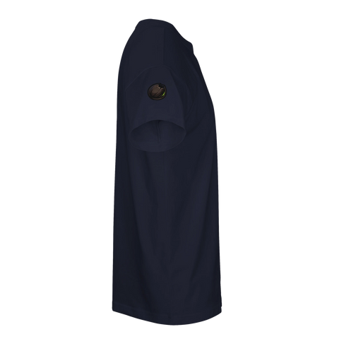 Brun kokosnöt med grön glöd på marinblå oversized ekologisk t-shirt.