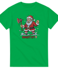 Galen, blodig jultomte med yxa och text "Naughty List" på grön t-shirt.