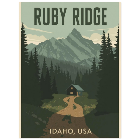 Illustration av Ruby Ridge i dämpade gröna och blå toner med en slingrande stig som leder mot en isolerad liten fjällstuga.