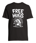 Ilsken igelkott med text "FREE HUGS" på svart t-shirt.