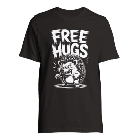 Ilsken igelkott med text "FREE HUGS" på svart t-shirt.