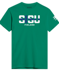 Sisu Finland-tryck med finska flaggan i bokstäverna på en grön premium t-shirt.