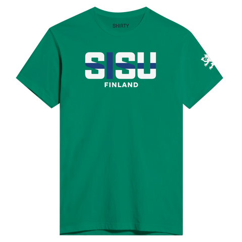 Sisu Finland-tryck med finska flaggan i bokstäverna på en grön premium t-shirt.