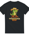 Svart t-shirt med en kaxig dinosaurie i western-stil och ordvits
