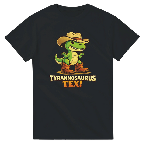 Svart t-shirt med en kaxig dinosaurie i western-stil och ordvits