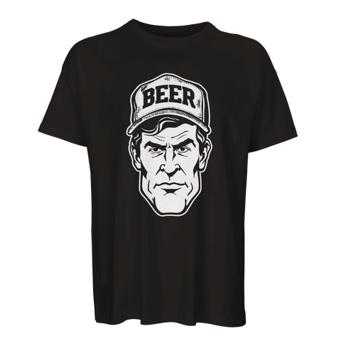 Grafisk illustration av man i truckerkeps med texten Beer på svart t-shirt