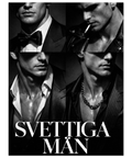 Närbild på en noir-poster med män i smoking och läderjacka, dramatisk belysning och texten Svettiga Män i vitt.