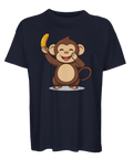 Glad tecknad apa med banan på mörkblå oversized t-shirt.