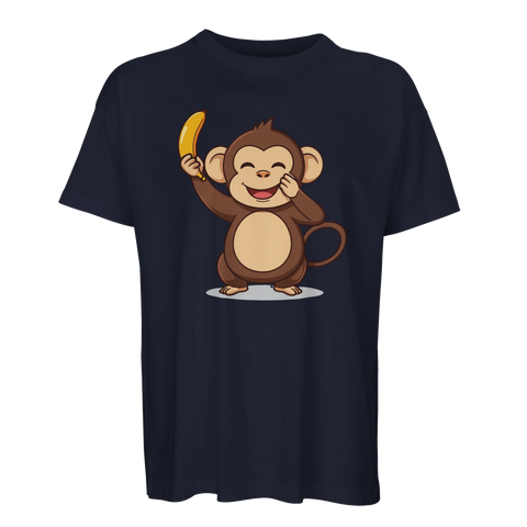 Glad tecknad apa med banan på mörkblå oversized t-shirt.