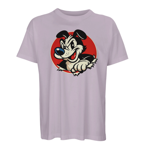 Ljuslila t-shirt i oversized modell med illustrerat hundmotiv och attityd