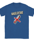 Blåmelerad t-shirt med ironisk illustration av en överkorsad nagelklippare