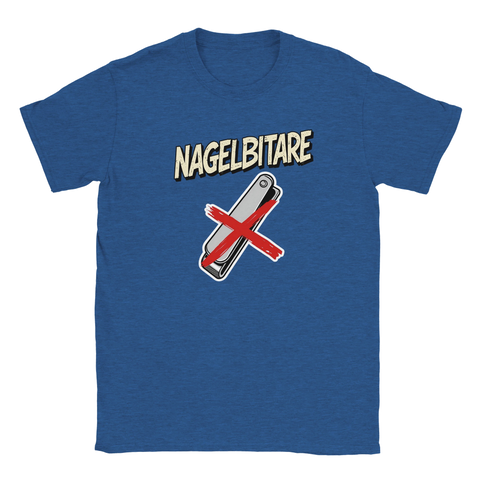 Blåmelerad t-shirt med ironisk illustration av en överkorsad nagelklippare