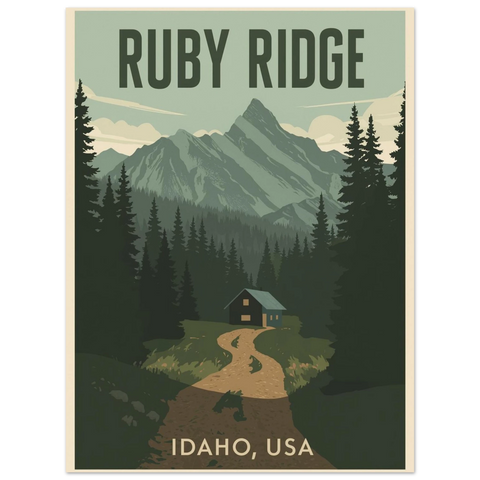 Retro landskapsposter med texten Ruby Ridge Idaho USA, föreställande en stuga i en mörkgrön granskog framför höga berg.