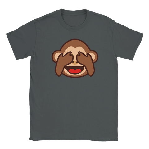 Apan som håller för ögonen emoji på mörkgrå t-shirt.