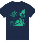 Psykedeliskt kattmotiv med turkost tryck på marinblå t-shirt