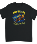 Grafiskt tryck med texten Sweden Fuck Yeah och superhjälte-älg – svart t-shirt