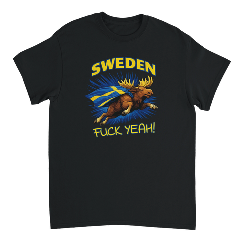 Grafiskt tryck med texten Sweden Fuck Yeah och superhjälte-älg – svart t-shirt