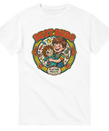 Kultig 90-tals inspirerad design med pojke och docka på vit t-shirt